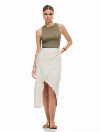 Midi Bağlama Detaylı Kruvaze A Kesim Keten Karışımlı Etek