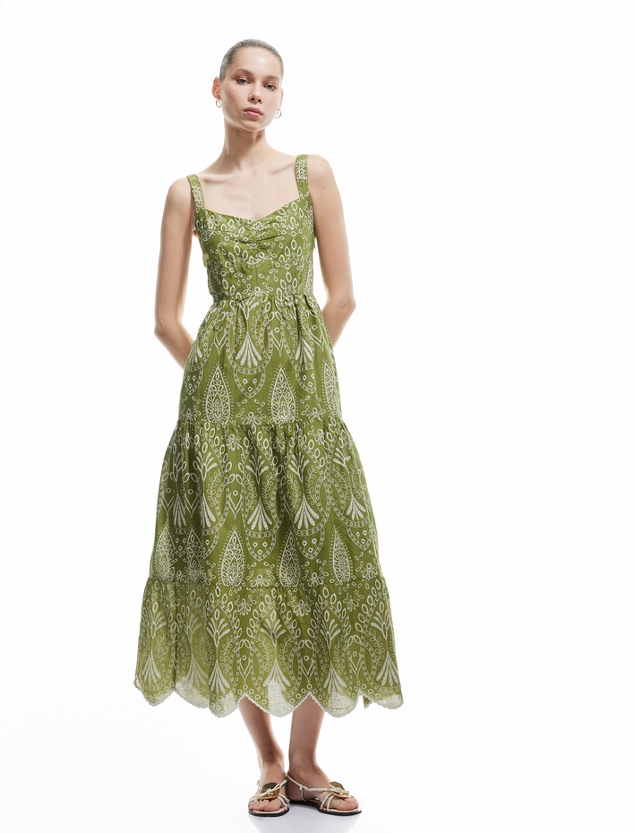  Kolsuz Pamuklu Volanlı Kalp Yaka Gipeli Etnik Uzun Elbise