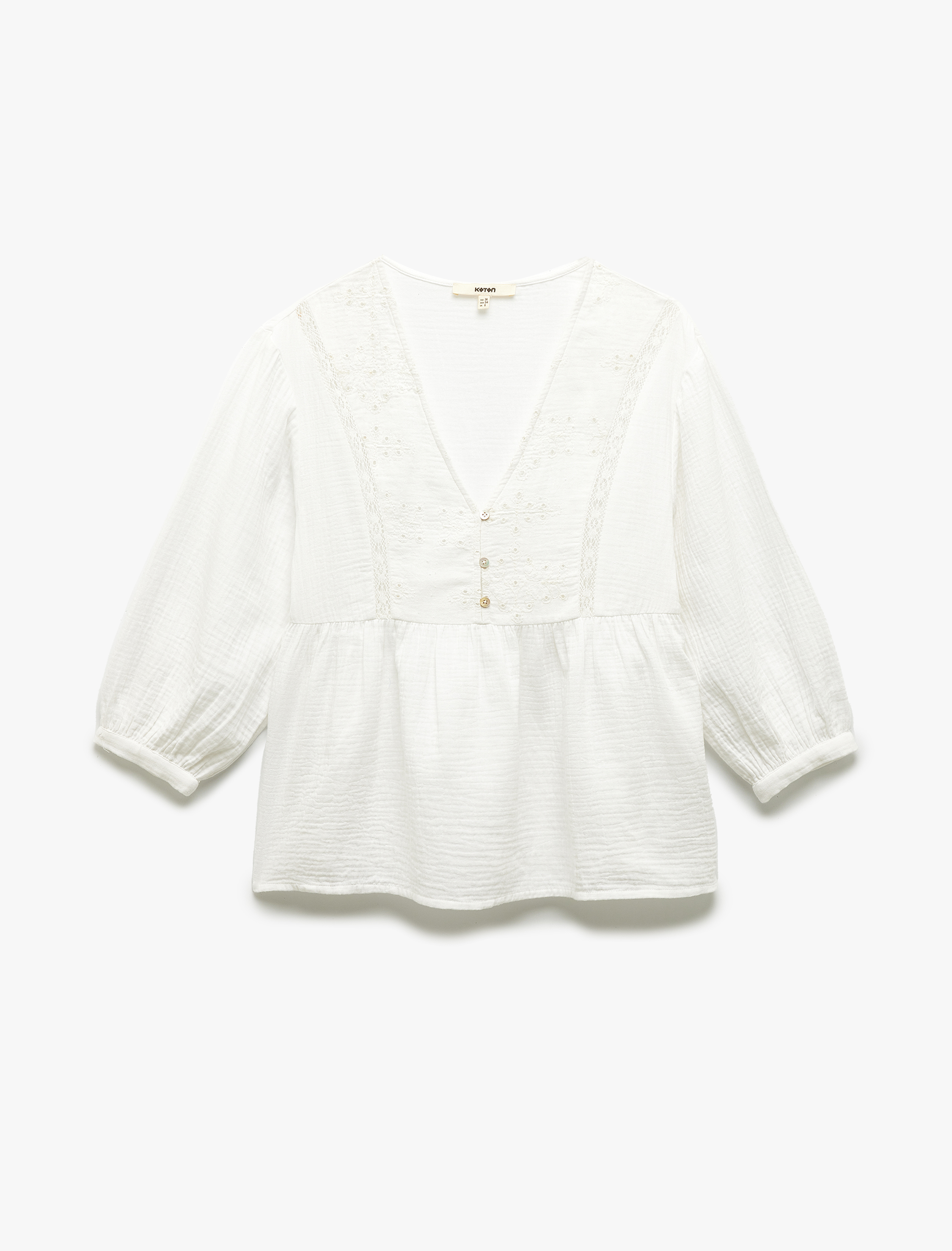   Pamuklu Bol Kalıp Nakış Detaylı V Yaka Fistolu Müslin Bluz