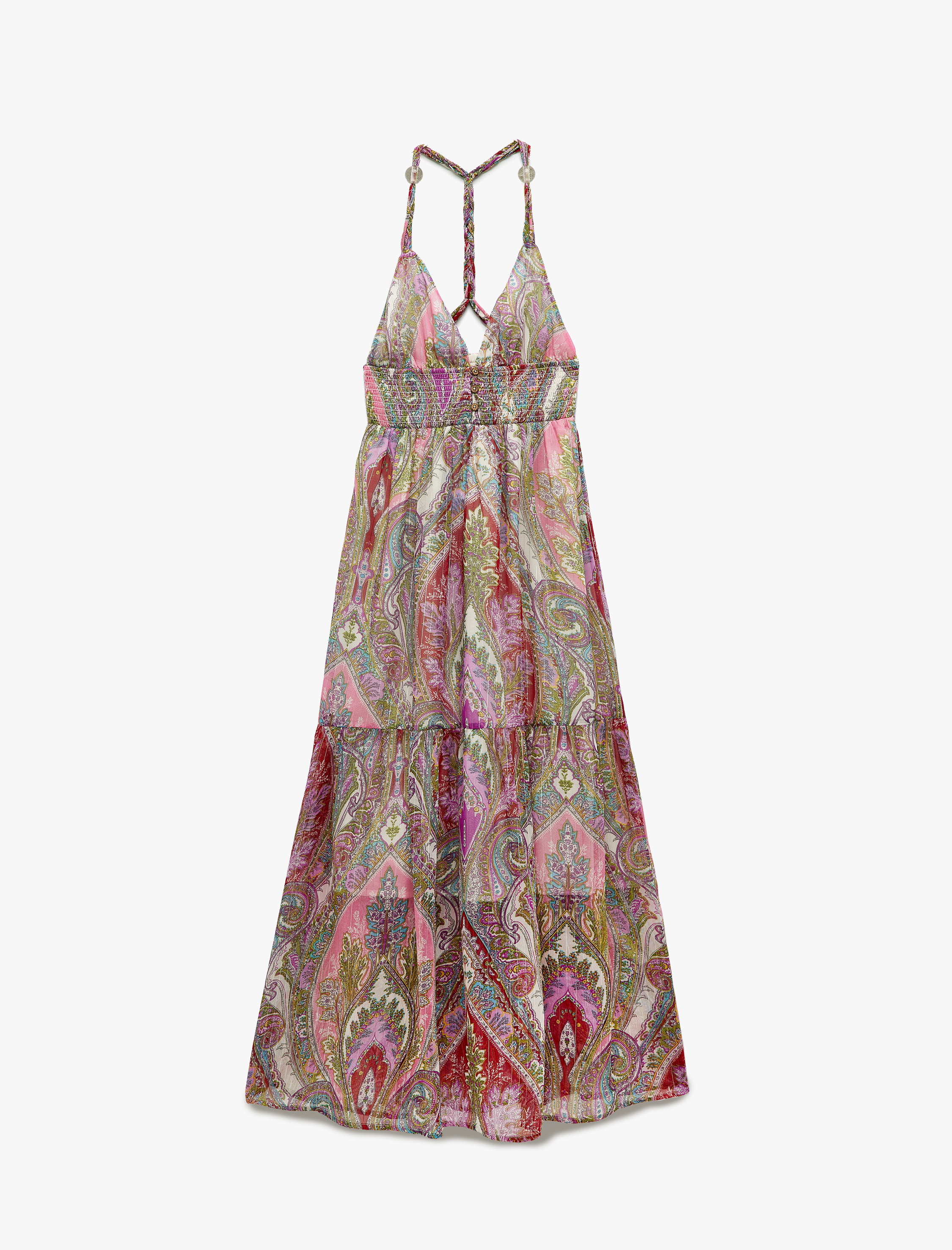   Astarlı Etnik Desenli Kat Kat Halter Yaka Askılı Uzun Şifon Elbise