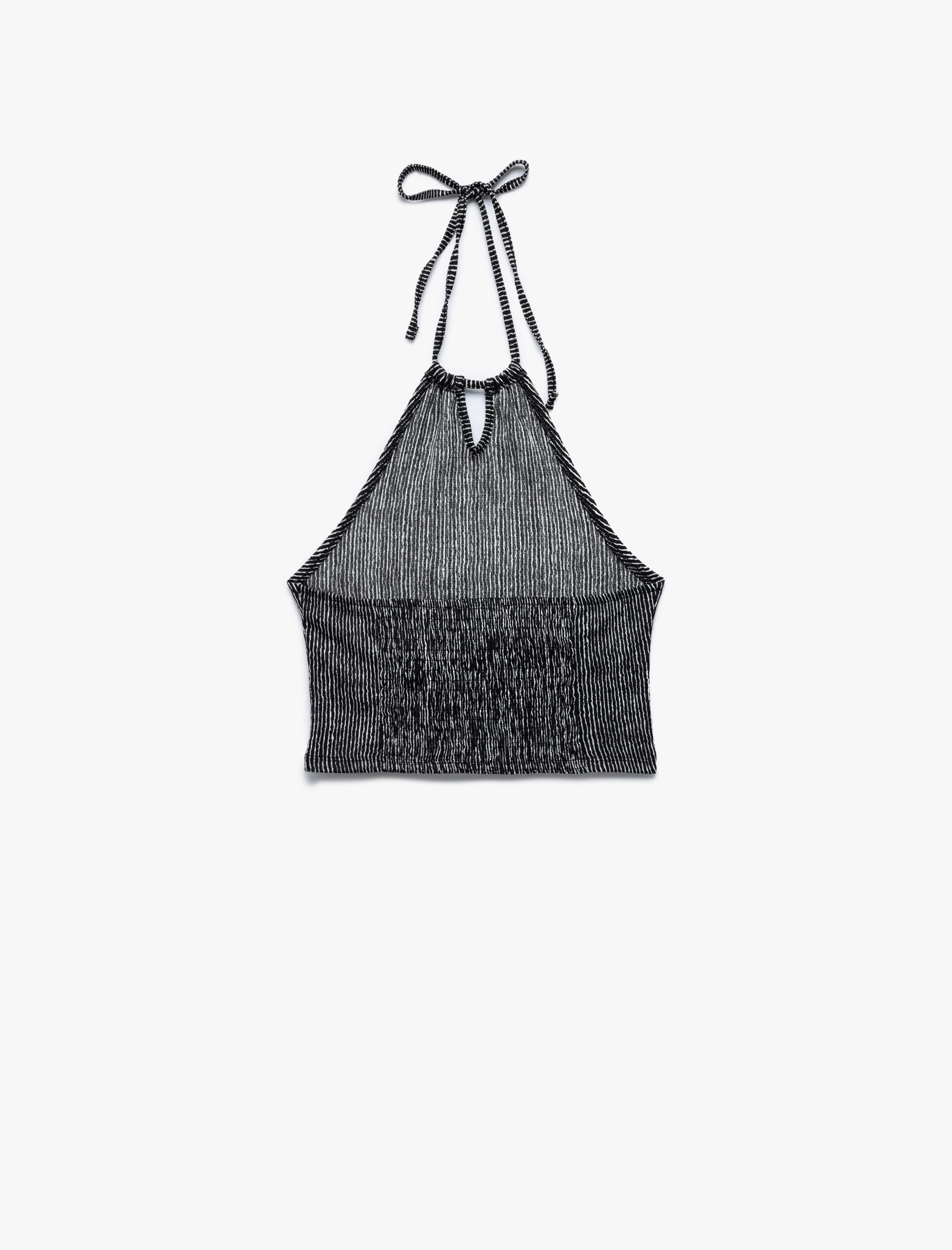   Çizgili Bürümcük Bağlamalı Yaka Pencere Detaylı Kolsuz Crop Üst