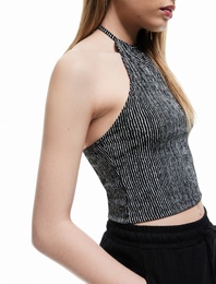 Çizgili Bürümcük Bağlamalı Yaka Pencere Detaylı Kolsuz Crop Üst