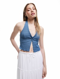 Kruvaze V Yaka Büzgülü Yırtmaç Detaylı Bürümcük Crop Üst