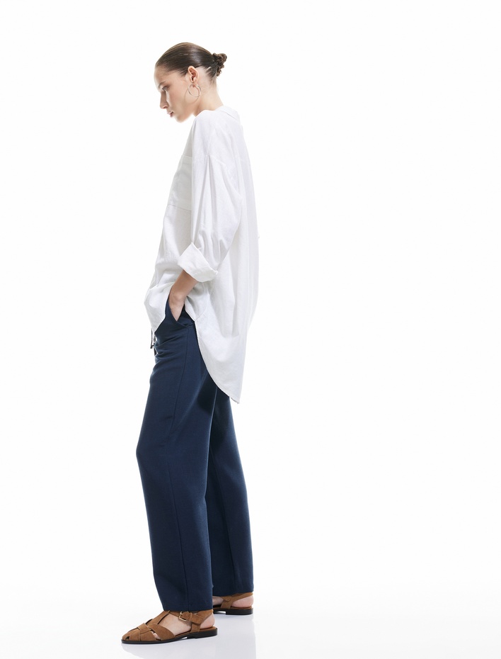  Yüksek Bel Bağcıklı Keten Karışımlı Cep Detaylı Pantolon