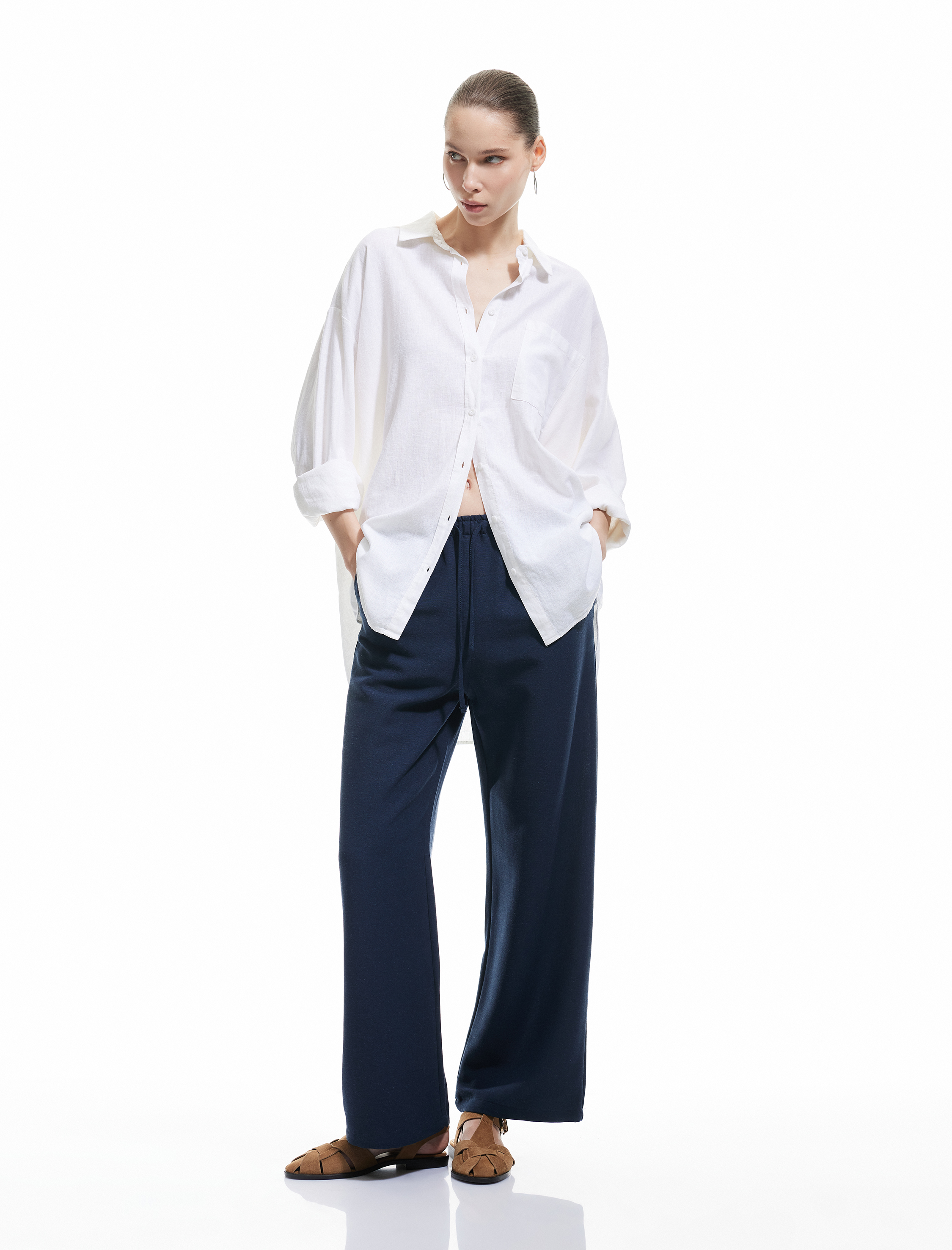   Yüksek Bel Bağcıklı Keten Karışımlı Cep Detaylı Pantolon