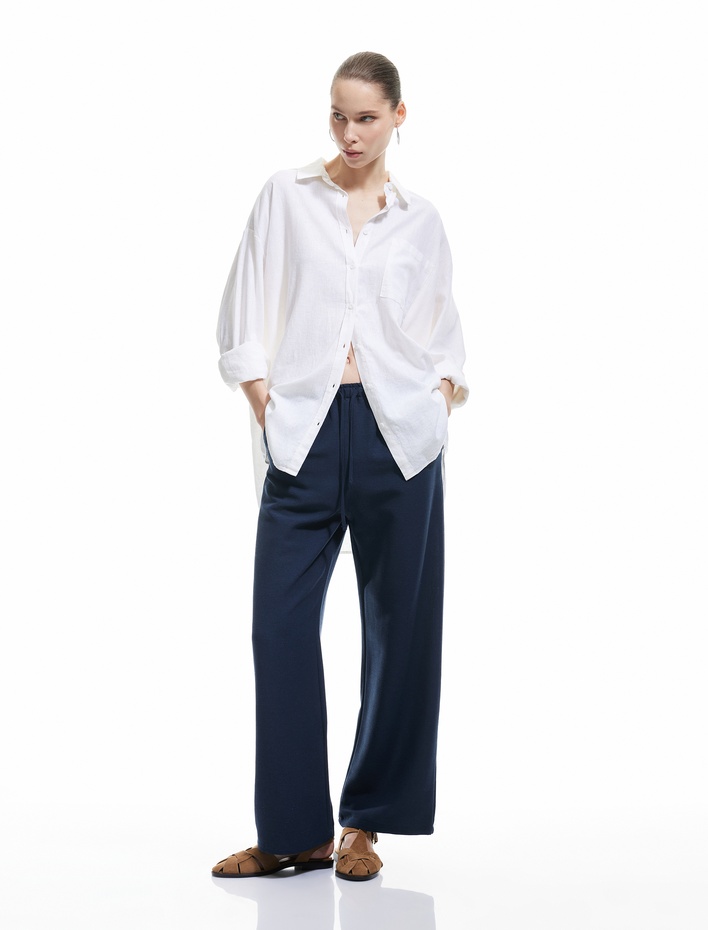  Yüksek Bel Bağcıklı Keten Karışımlı Cep Detaylı Pantolon