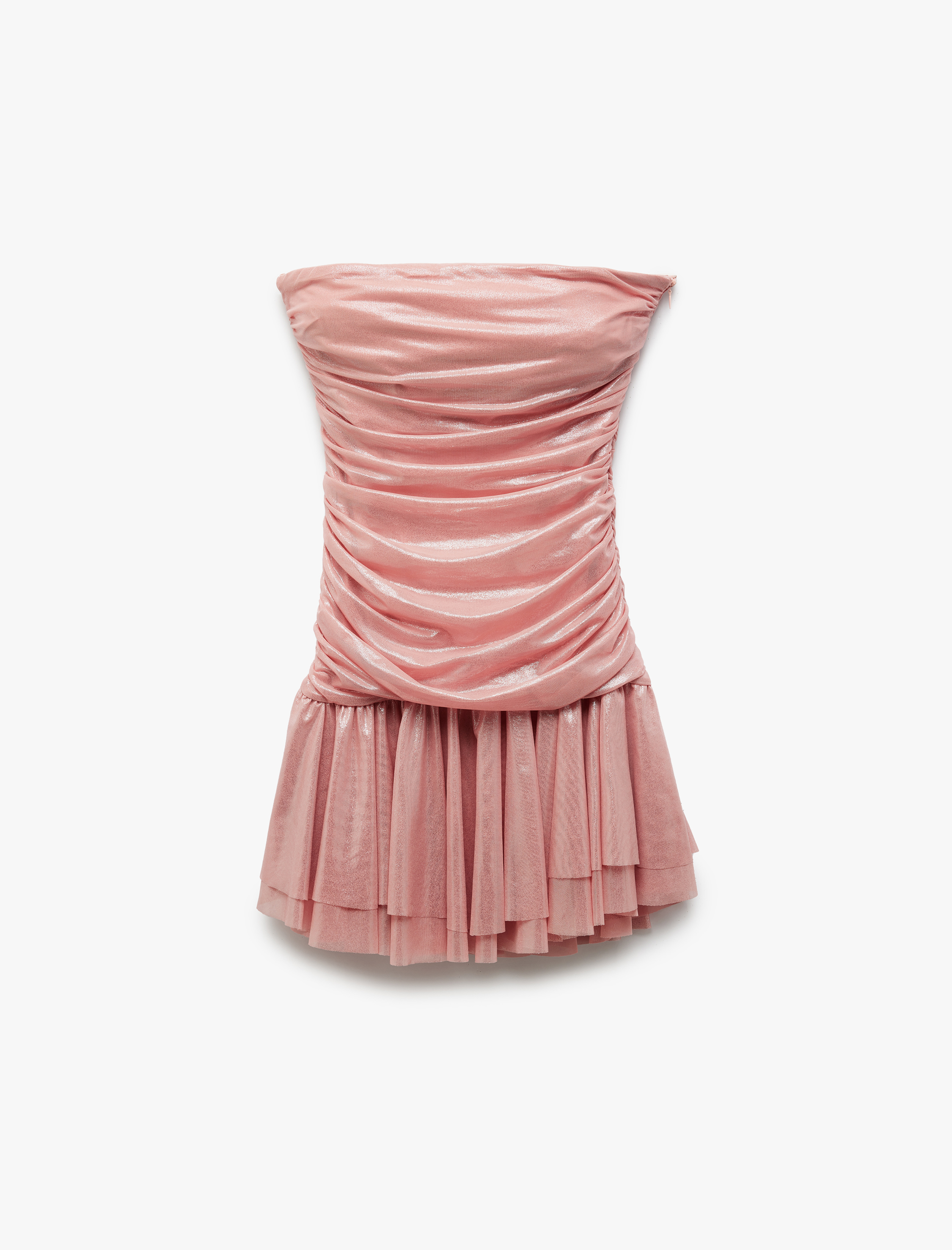   Drape Detaylı Kolsuz Straplez Volanlı Mini Abiye Elbise