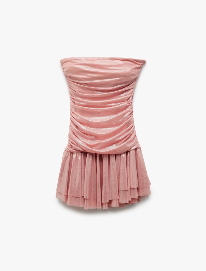  Drape Detaylı Kolsuz Straplez Volanlı Mini Abiye Elbise