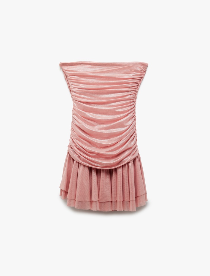  Drape Detaylı Kolsuz Straplez Volanlı Mini Abiye Elbise