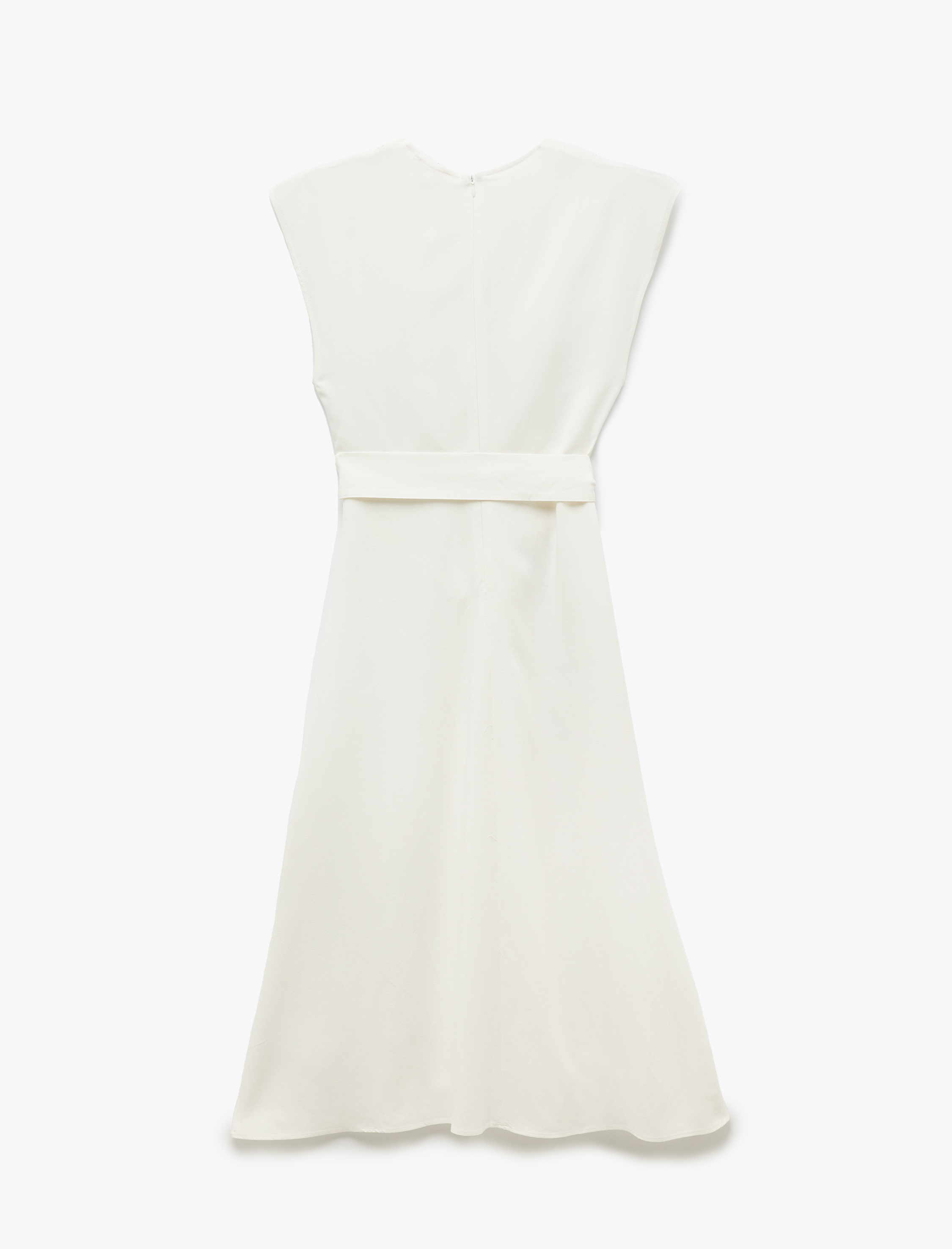   Kemer Detaylı Viskon - Keten Karışımlı Midi Kolsuz Kruvaze Elbise