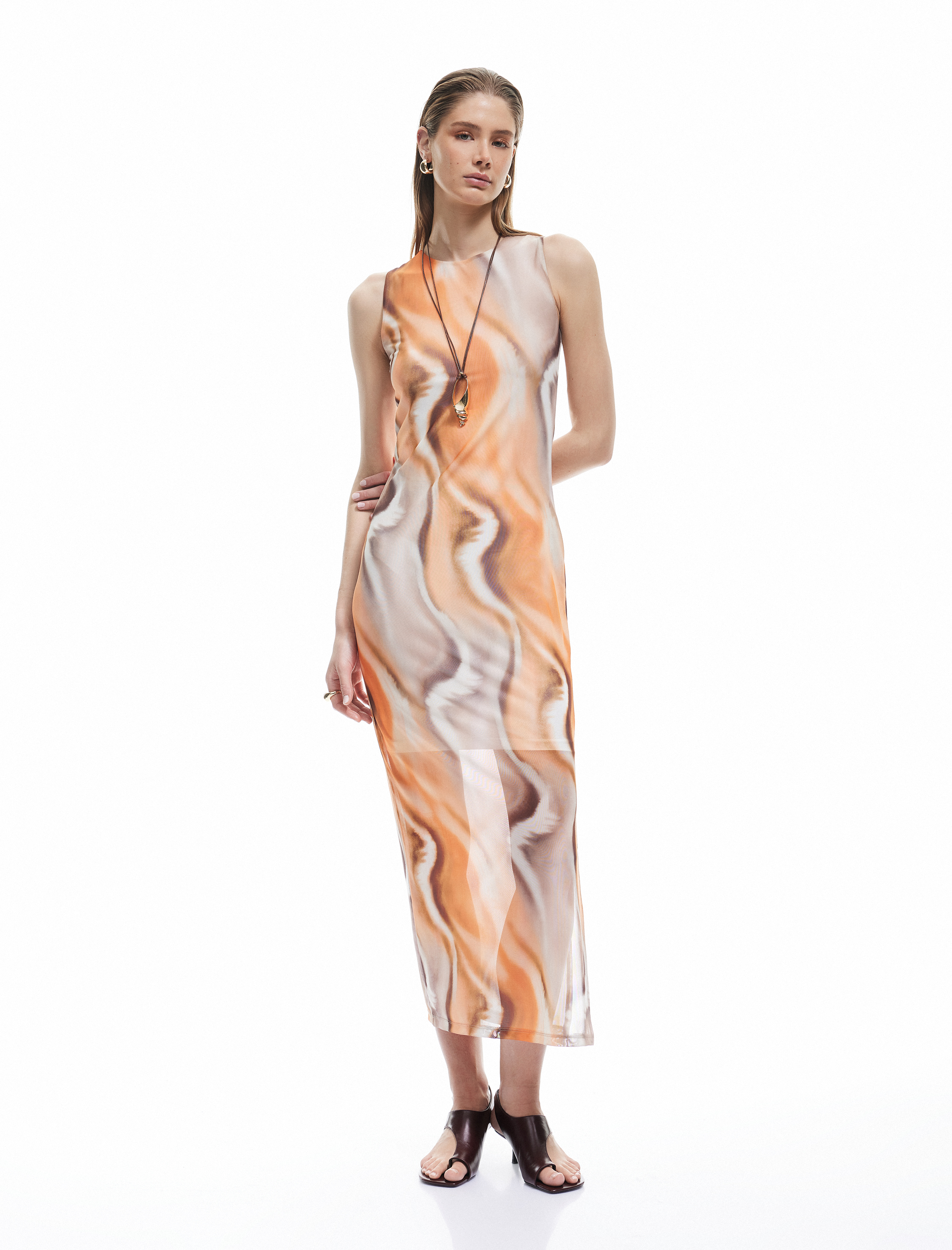   Koton X Sima Tarkan - Yarım Astarlı Desenli Bisiklet Yaka Kolsuz Midi Tül Elbise