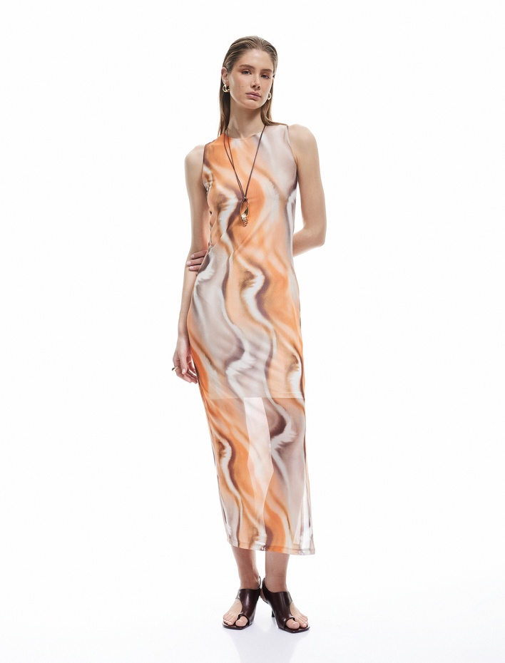  Koton X Sima Tarkan - Yarım Astarlı Desenli Bisiklet Yaka Kolsuz Midi Tül Elbise