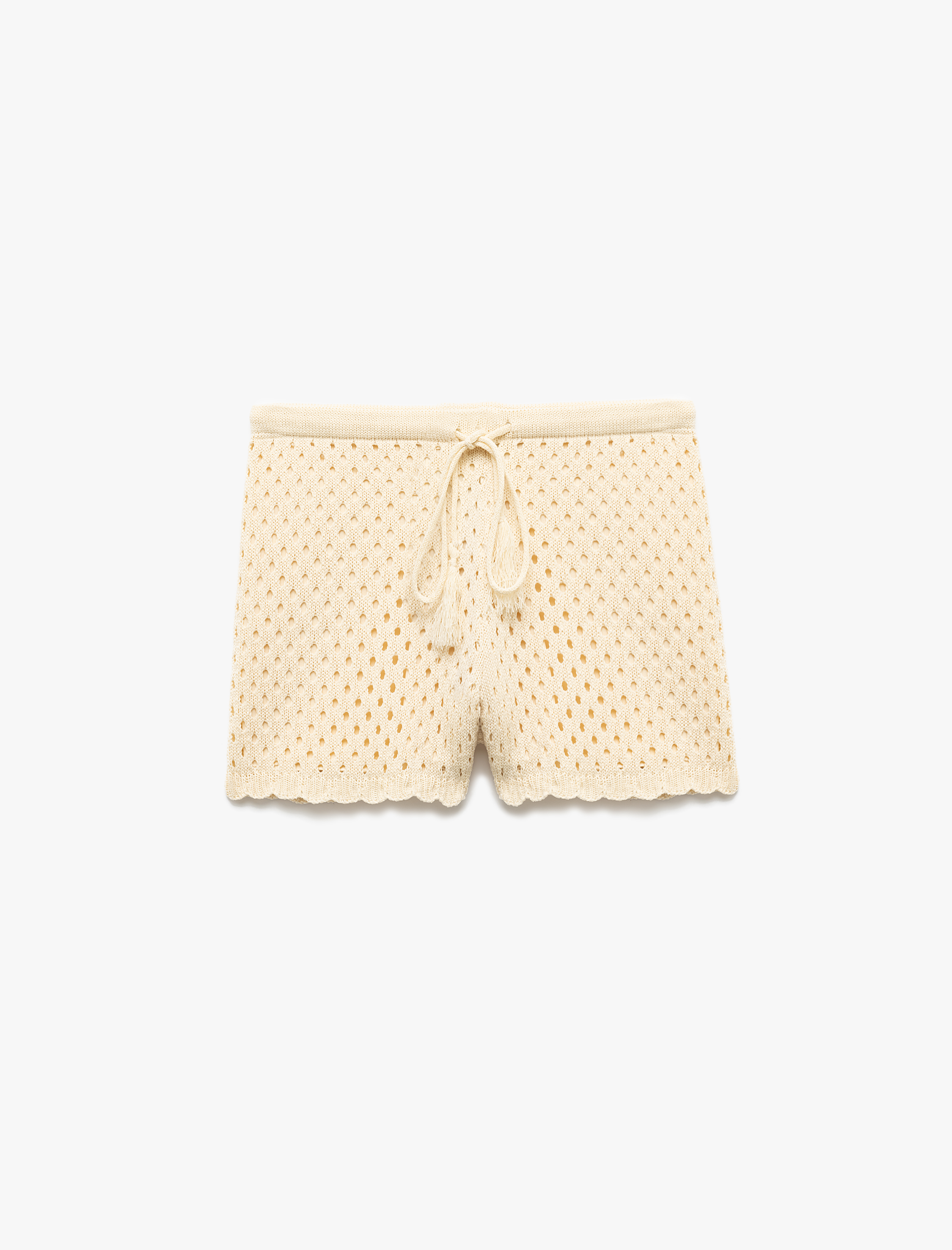   Koton X Sima Tarkan - Beli Bağcıklı Ajurlu Yüksek Bel Mini Kroşe Şort