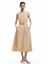 Kemer Detaylı Cepli V Yaka Uzun Poplin Elbise