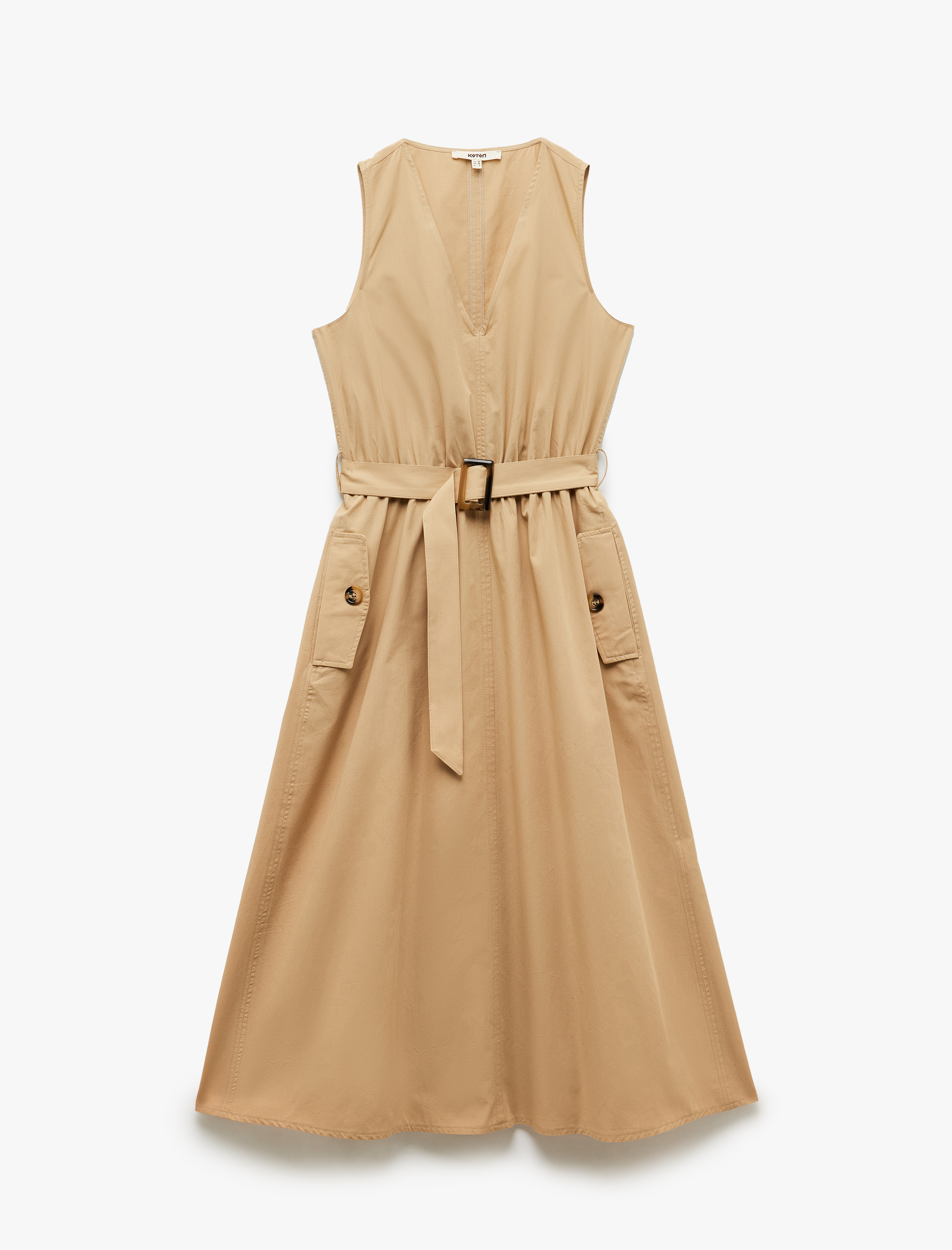   Kemer Detaylı Cepli V Yaka Uzun Poplin Elbise