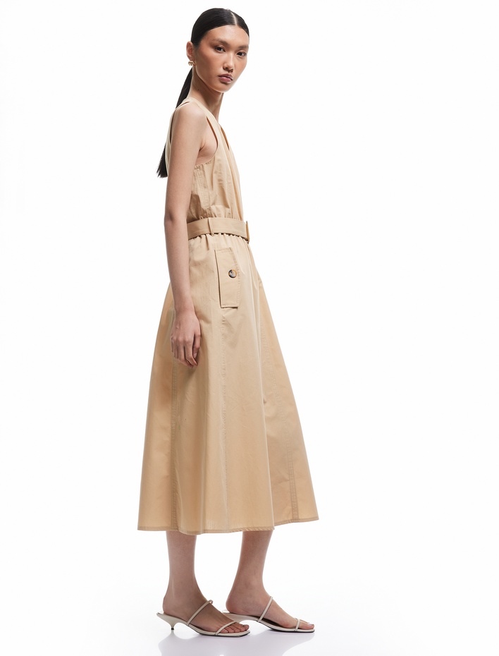  Kemer Detaylı Cepli V Yaka Uzun Poplin Elbise