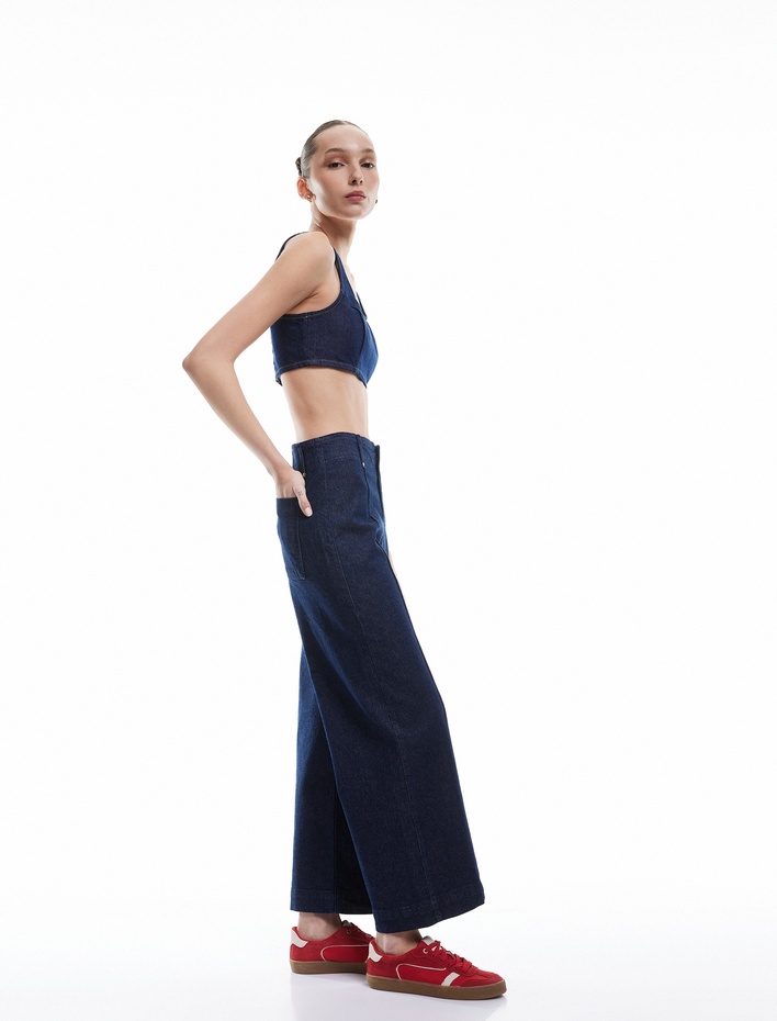  Yüksek Bel Geniş Paça Dikiş Detaylı Jean Pantolon Düğmeli - Culotte Jeans