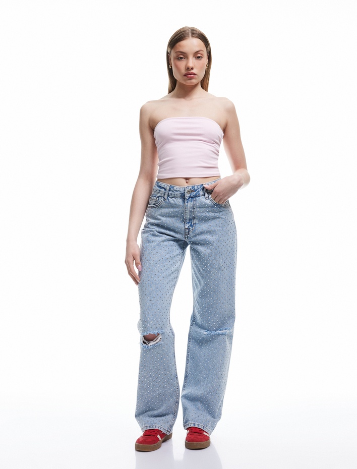  Pamuklu Yıpratma Detaylı Taşlı Straight Fit Jean Pantolon -  Longer Straight Fit Jean