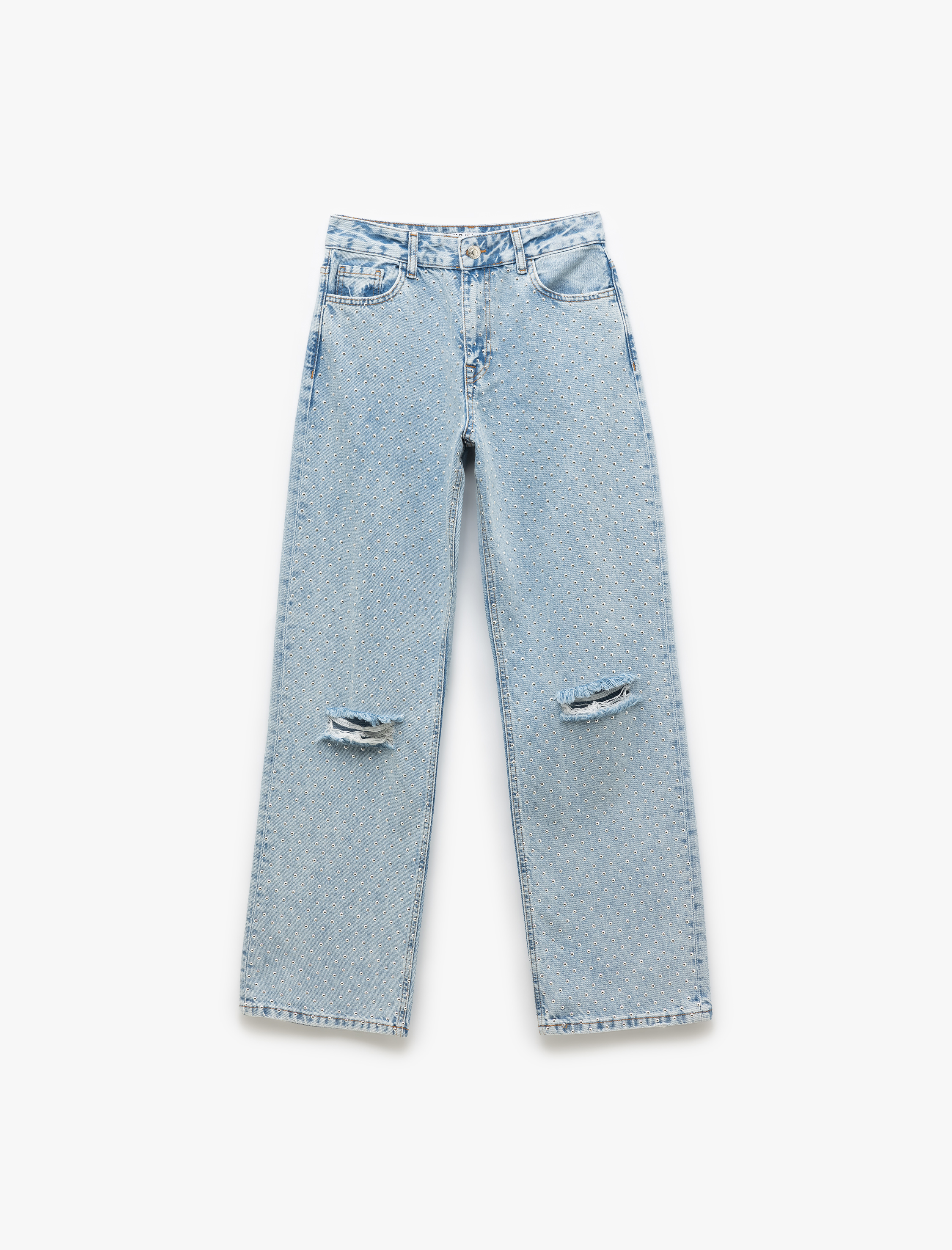   Pamuklu Yıpratma Detaylı Taşlı Straight Fit Jean Pantolon -  Longer Straight Fit Jean