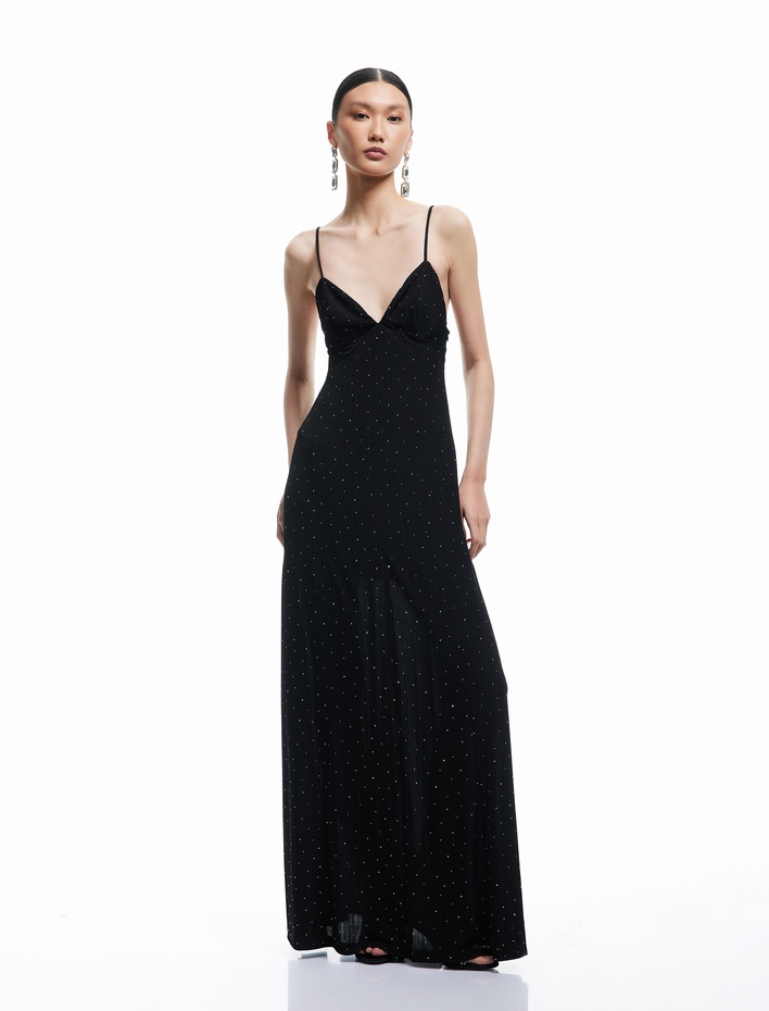  İp Askılı Taşlı V Yaka Slip Uzun Abiye Elbise