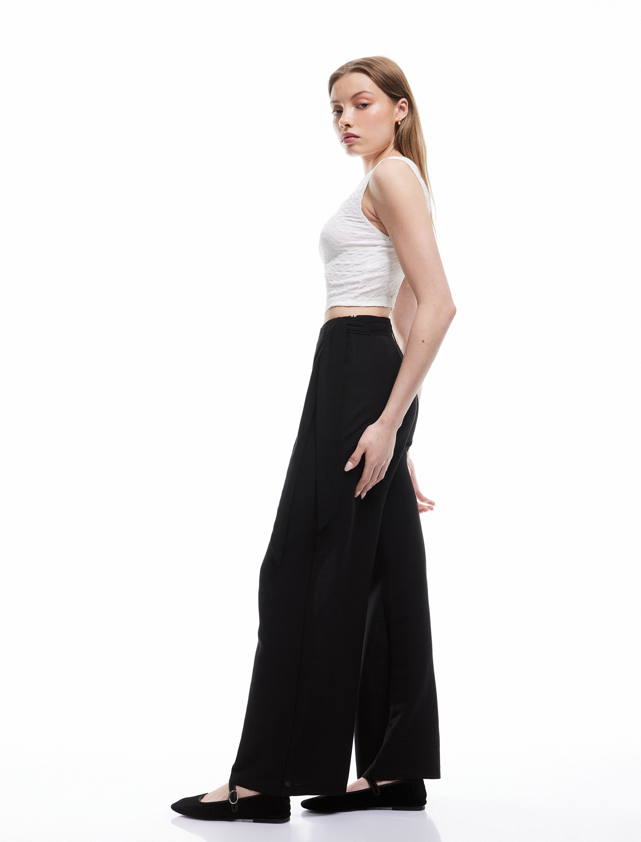   Bağlama Detaylı İspanyol Paça Keten Karışımlı Pantolon