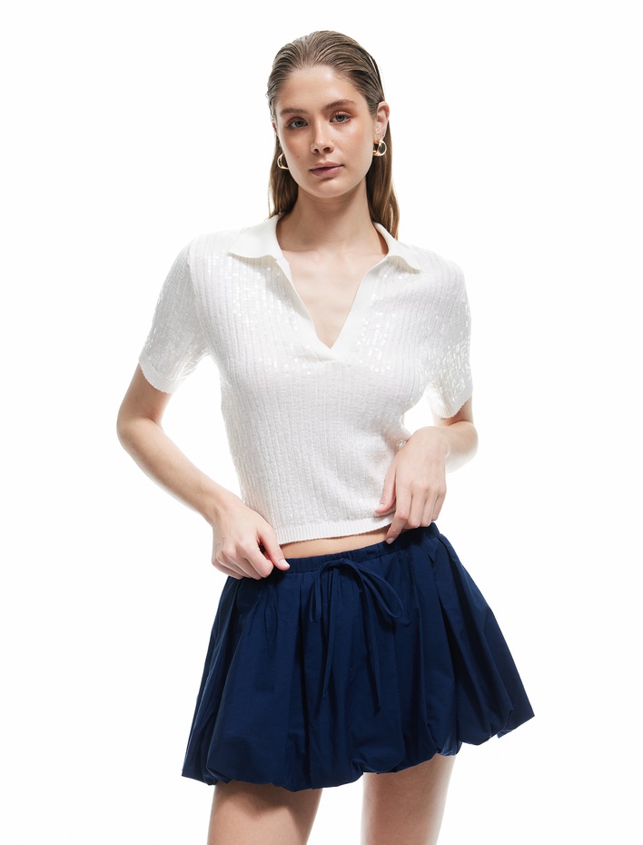  Koton X Sima Tarkan - Pamuklu Poplin Kumaş Beli Lastikli Bağlamalı Mini Balon Etek