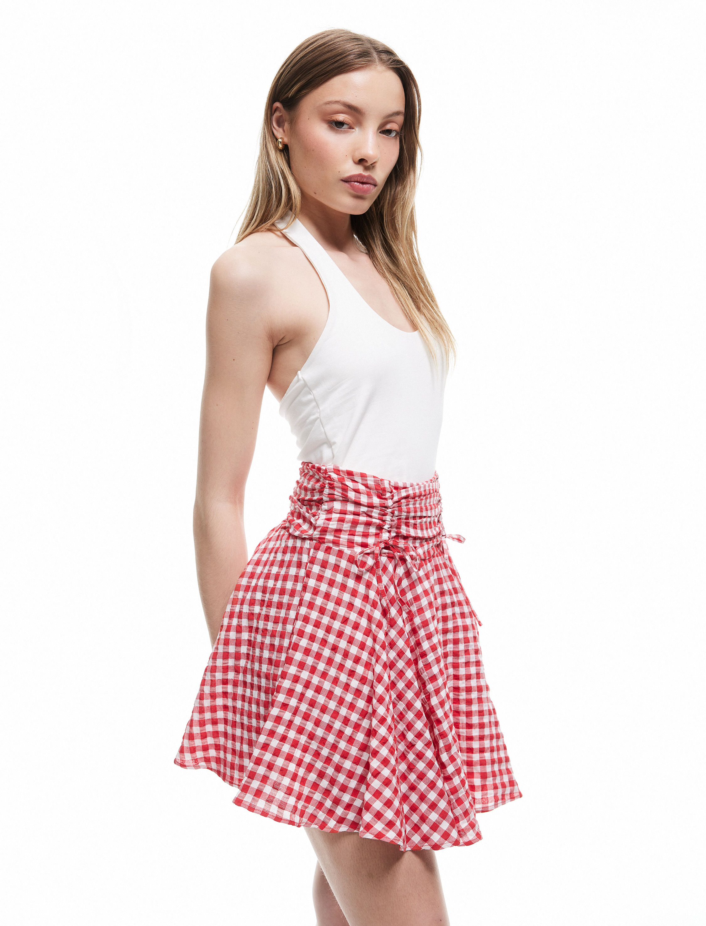   Volanlı Büzgülü A Kesim Gofre Viskon Karışımlı Pötikareli Mini Etek