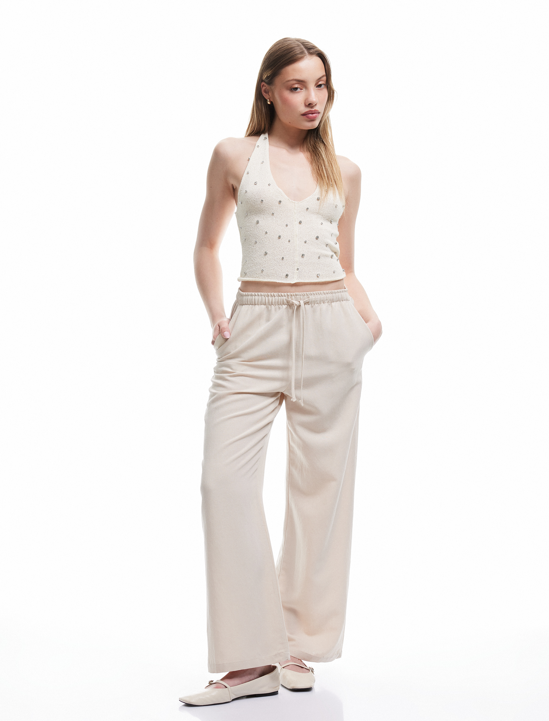   Yüksek Bel Bağcıklı Keten Karışımlı Cep Detaylı Pantolon