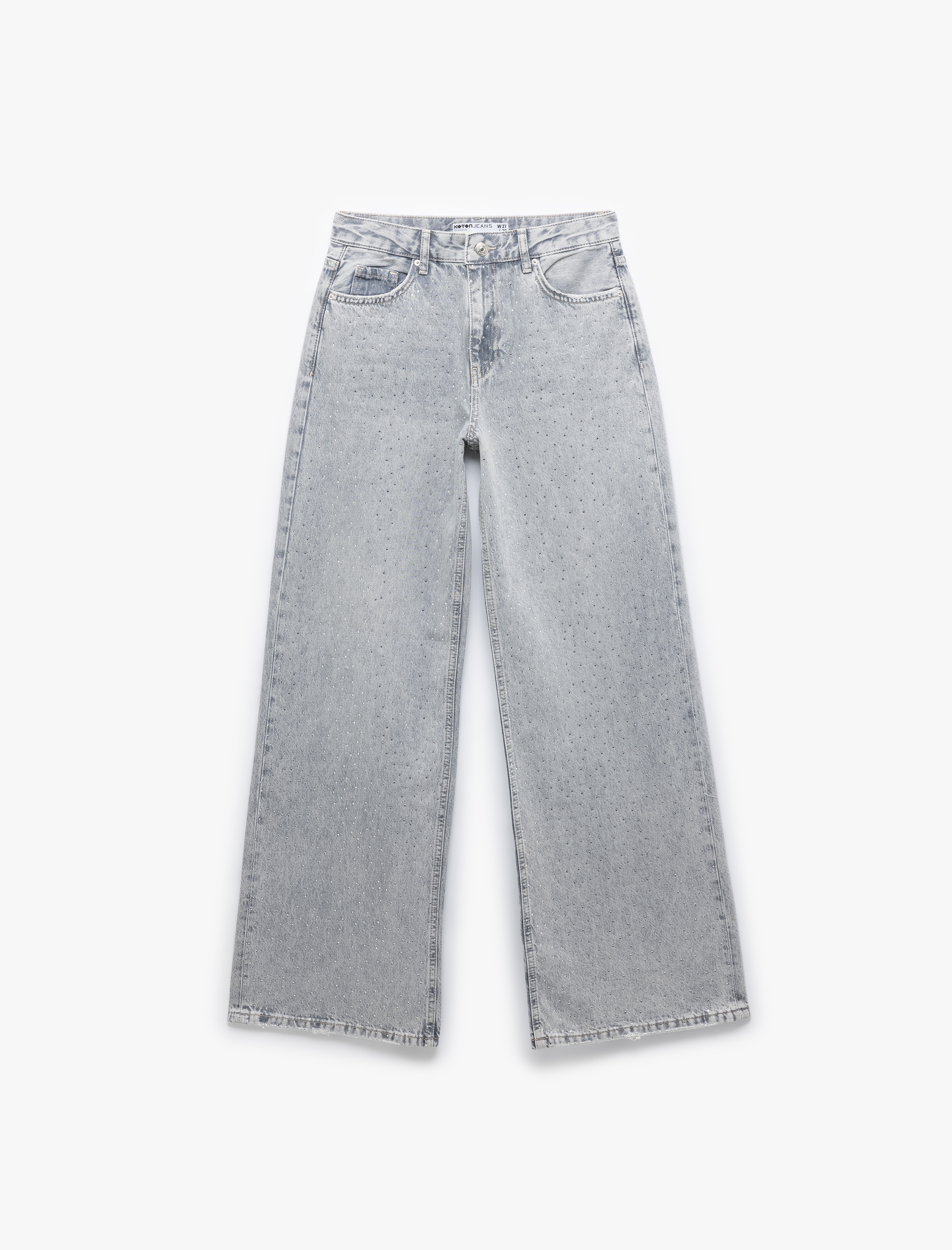   Geniş Paça Düğmeli Taş Detaylı Pamuklu Jean Pantolon - Wide Leg Jeans