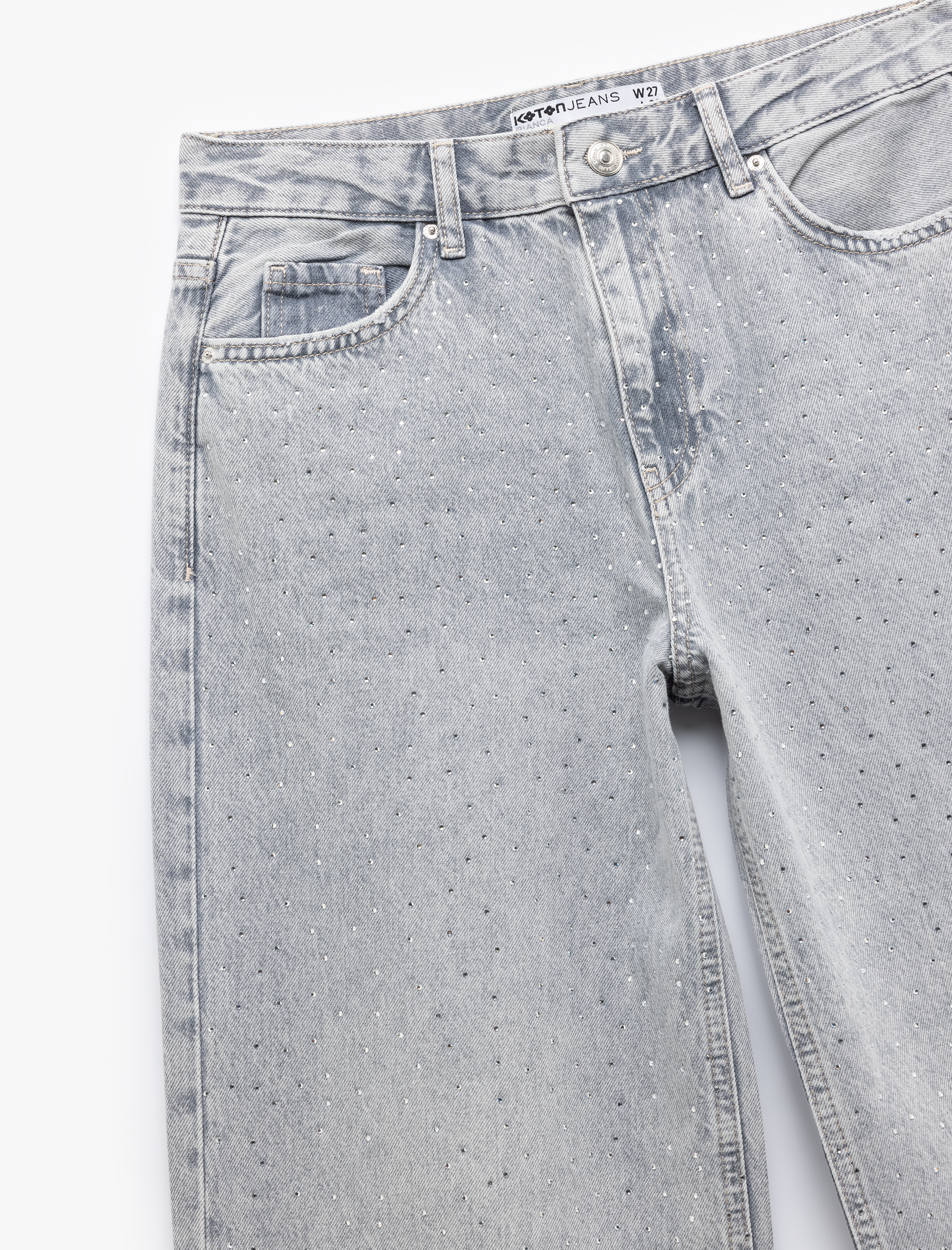   Geniş Paça Düğmeli Taş Detaylı Pamuklu Jean Pantolon - Wide Leg Jeans