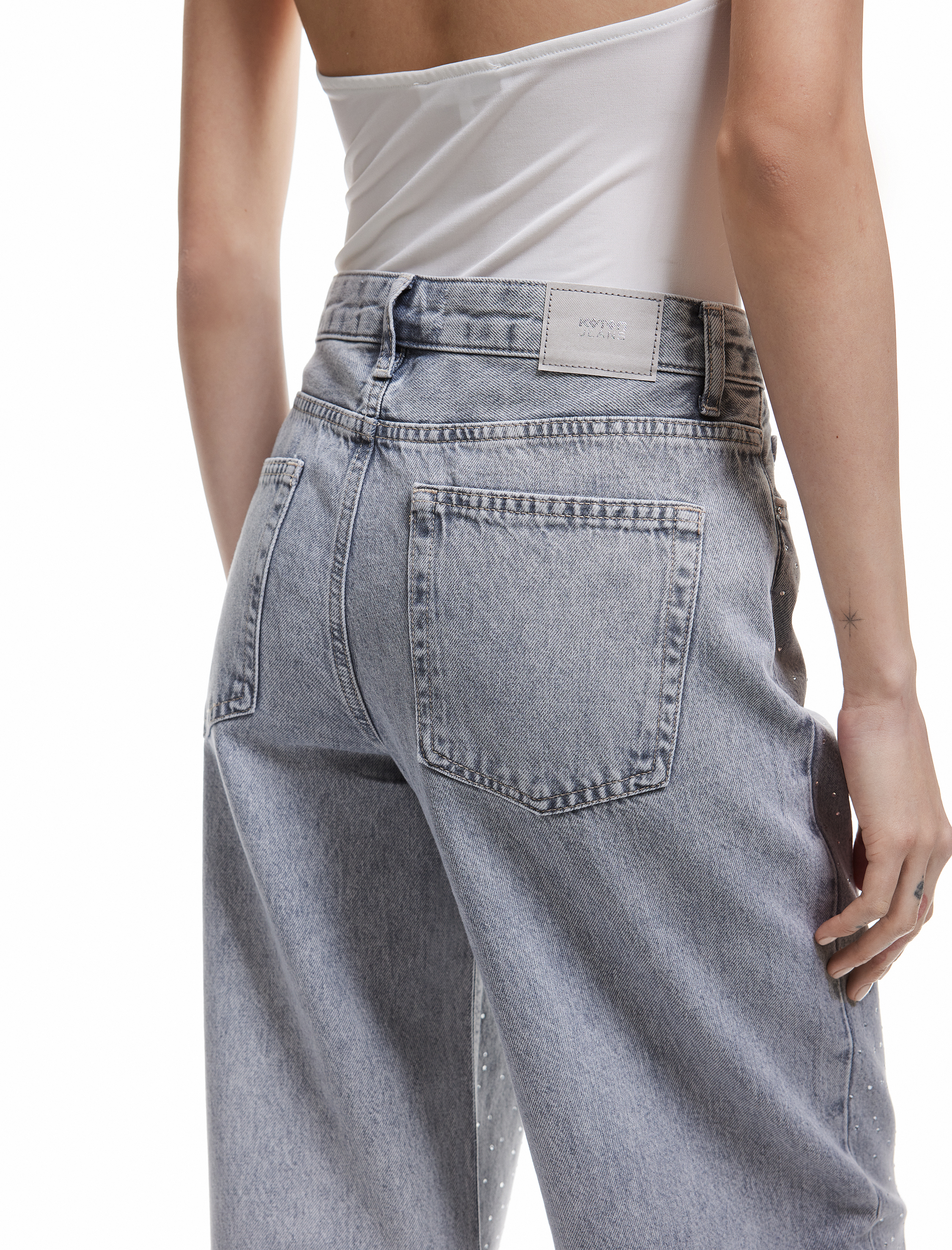   Geniş Paça Düğmeli Taş Detaylı Pamuklu Jean Pantolon - Wide Leg Jeans