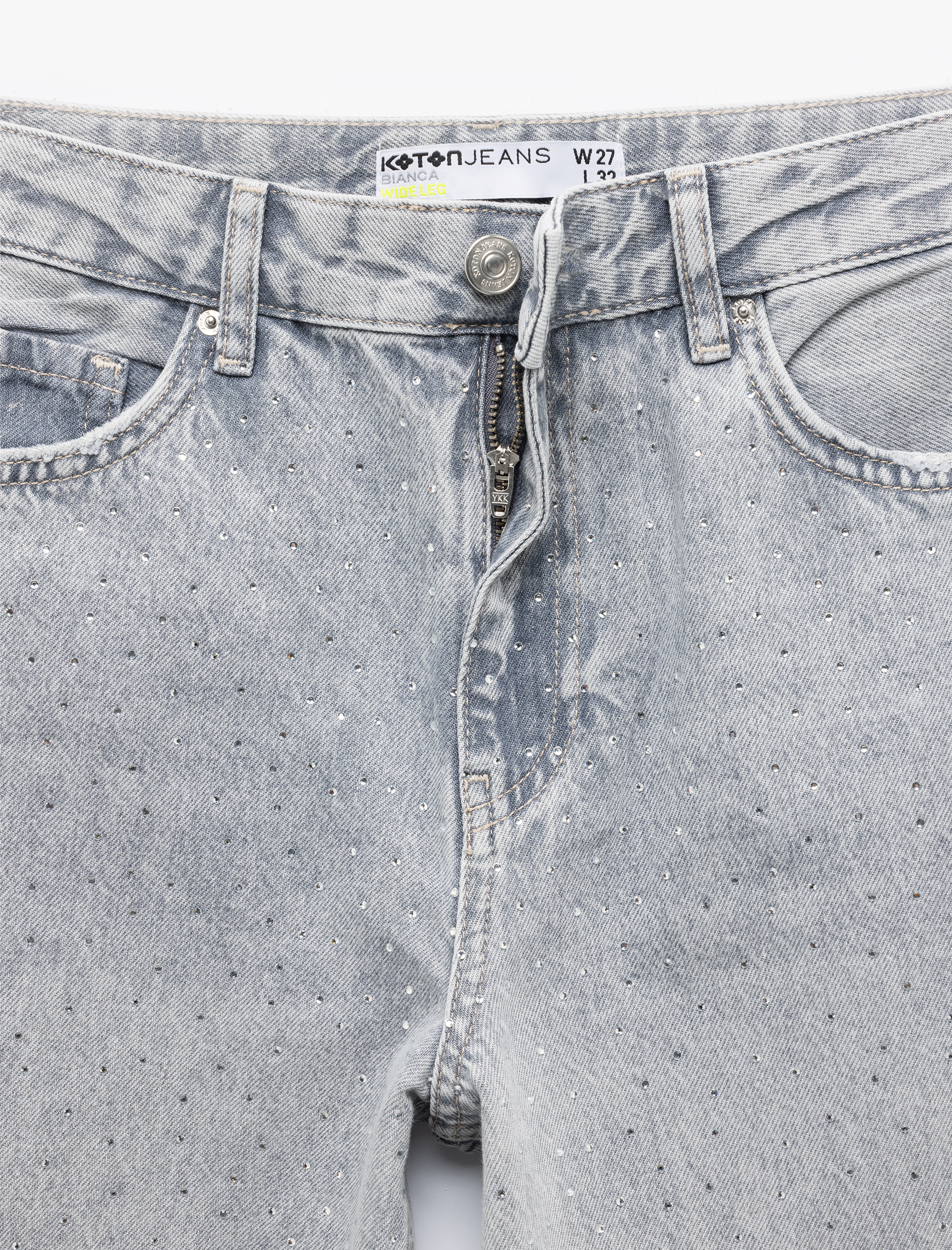   Geniş Paça Düğmeli Taş Detaylı Pamuklu Jean Pantolon - Wide Leg Jeans