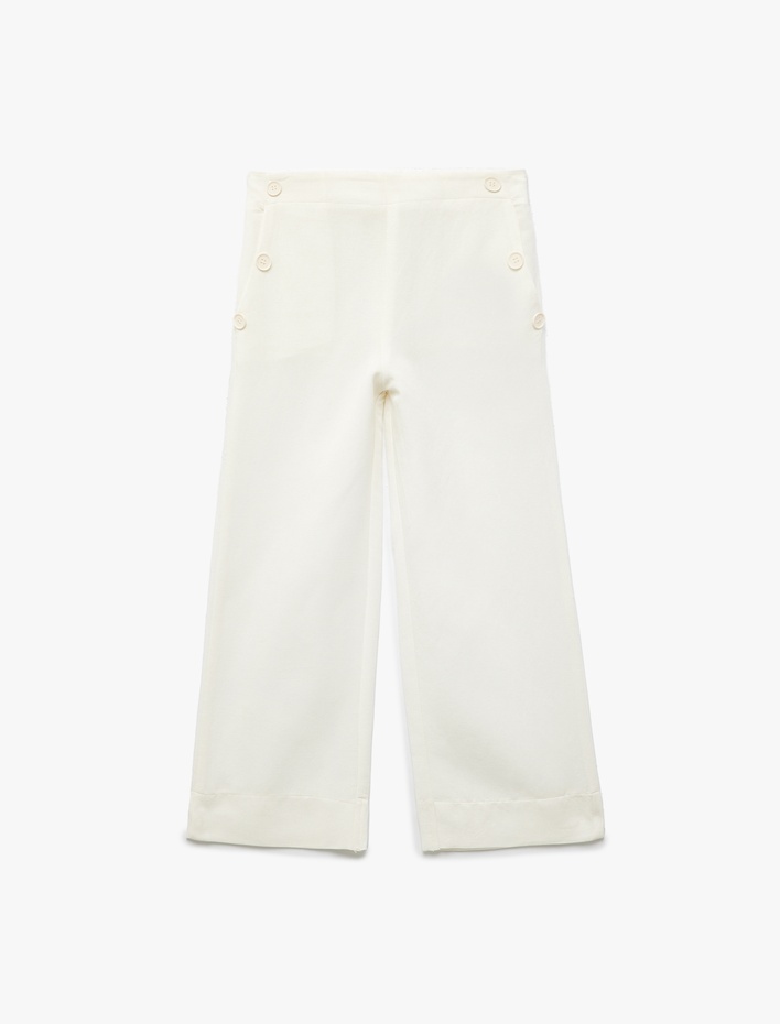 Kız Çocuk Düğme Detaylı Cepli Viskon Karışımlı Geniş Paça Pantolon