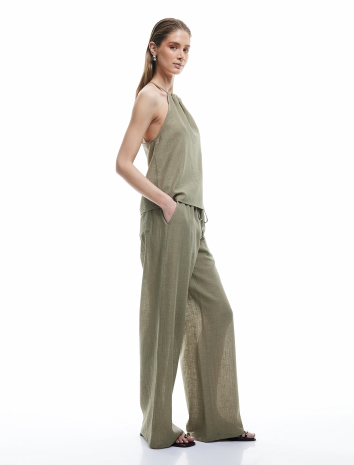  Dökümlü Keten Karışımlı Bol Paça Müslin Pantolon