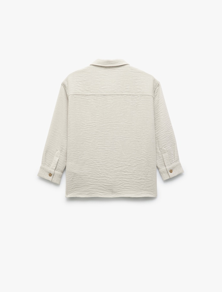 Erkek Çocuk Uzun Kollu Düğmeli Klasik Yaka Cep Detaylı Etiket Baskılı Gömlek