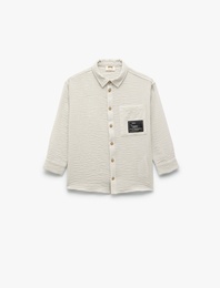 Uzun Kollu Düğmeli Klasik Yaka Cep Detaylı Etiket Baskılı Gömlek