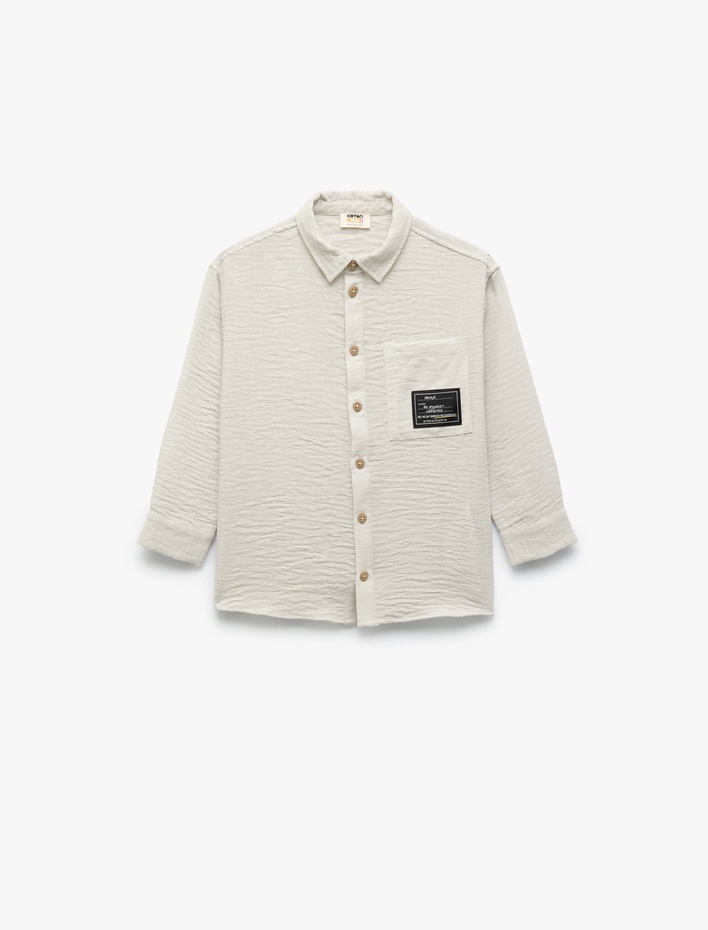 Erkek Çocuk Uzun Kollu Düğmeli Klasik Yaka Cep Detaylı Etiket Baskılı Gömlek
