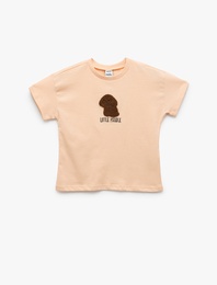 Nakış Detaylı Kısa Kollu Bisiklet Yaka Pamuklu Tişört