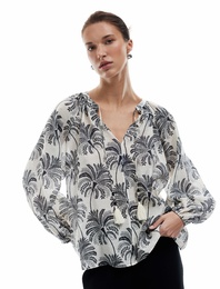 Floral Desenli Viskon Bağlamalı Yuvarlak Yaka Uzun Kollu Bluz