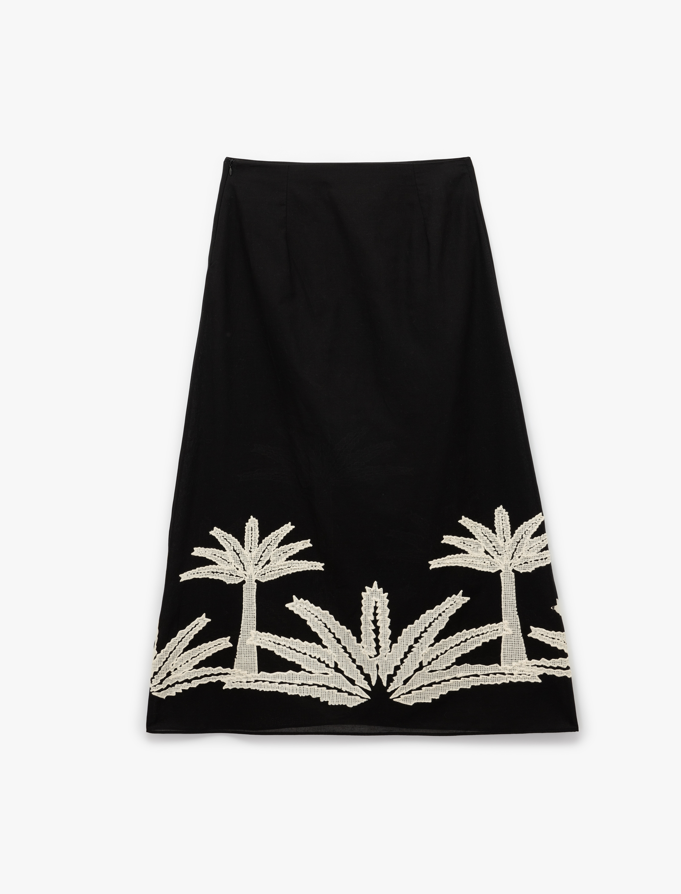   Pamuklu Nakış Detaylı Palmiye Desenli A Kesim Midi Etek