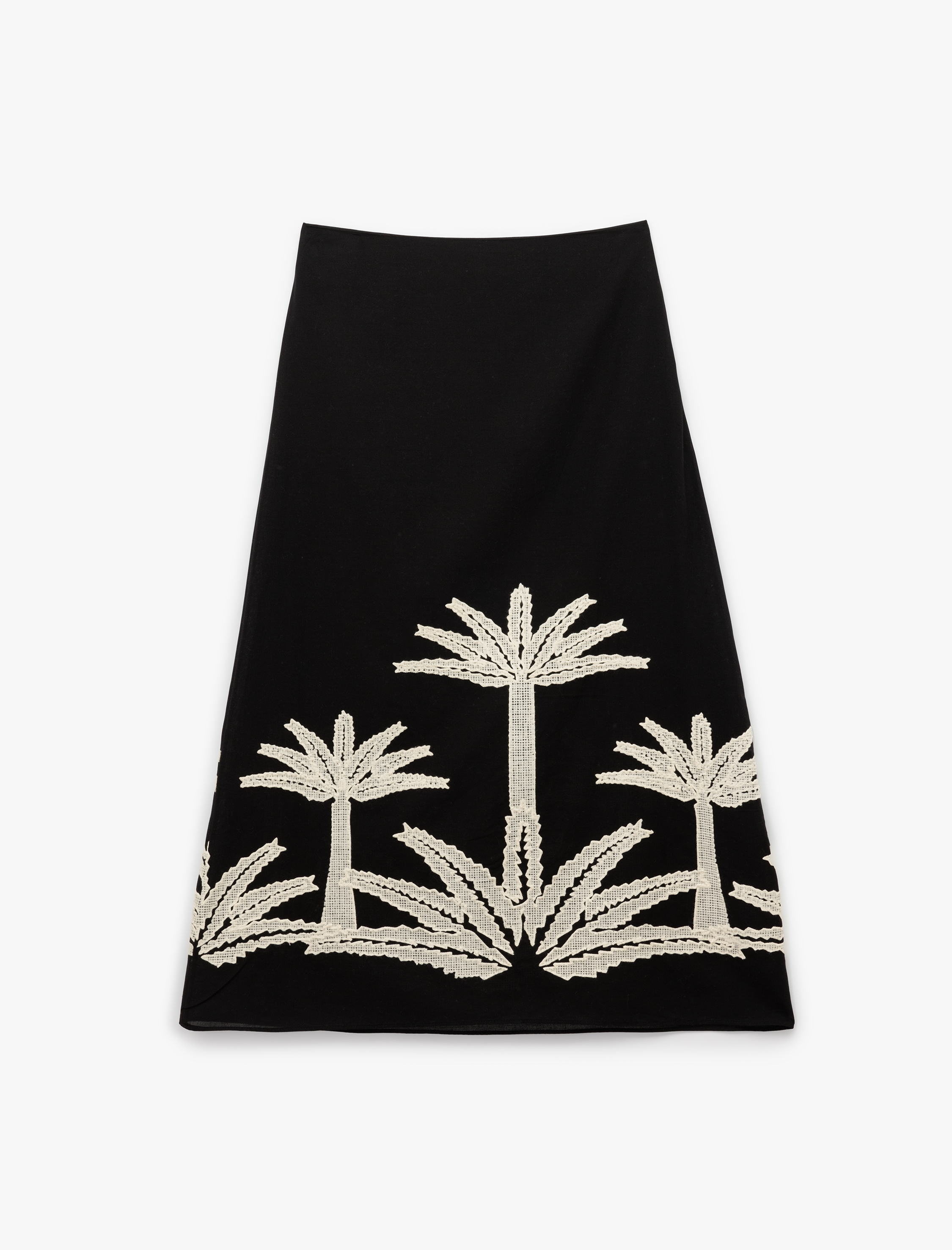   Pamuklu Nakış Detaylı Palmiye Desenli A Kesim Midi Etek