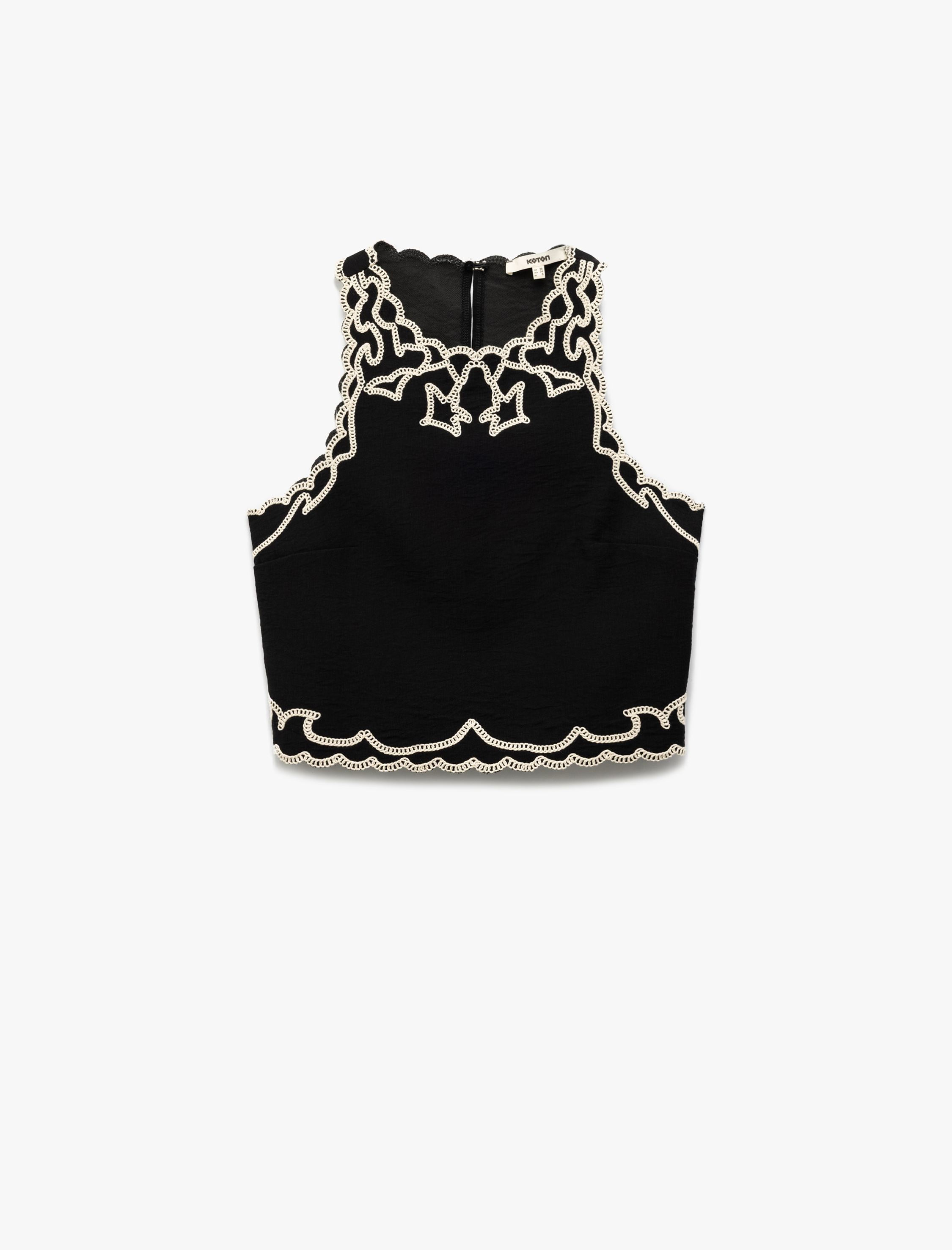   Viskon Kumaş İşleme Detaylı Bisiklet Yaka Kolsuz Crop Bluz