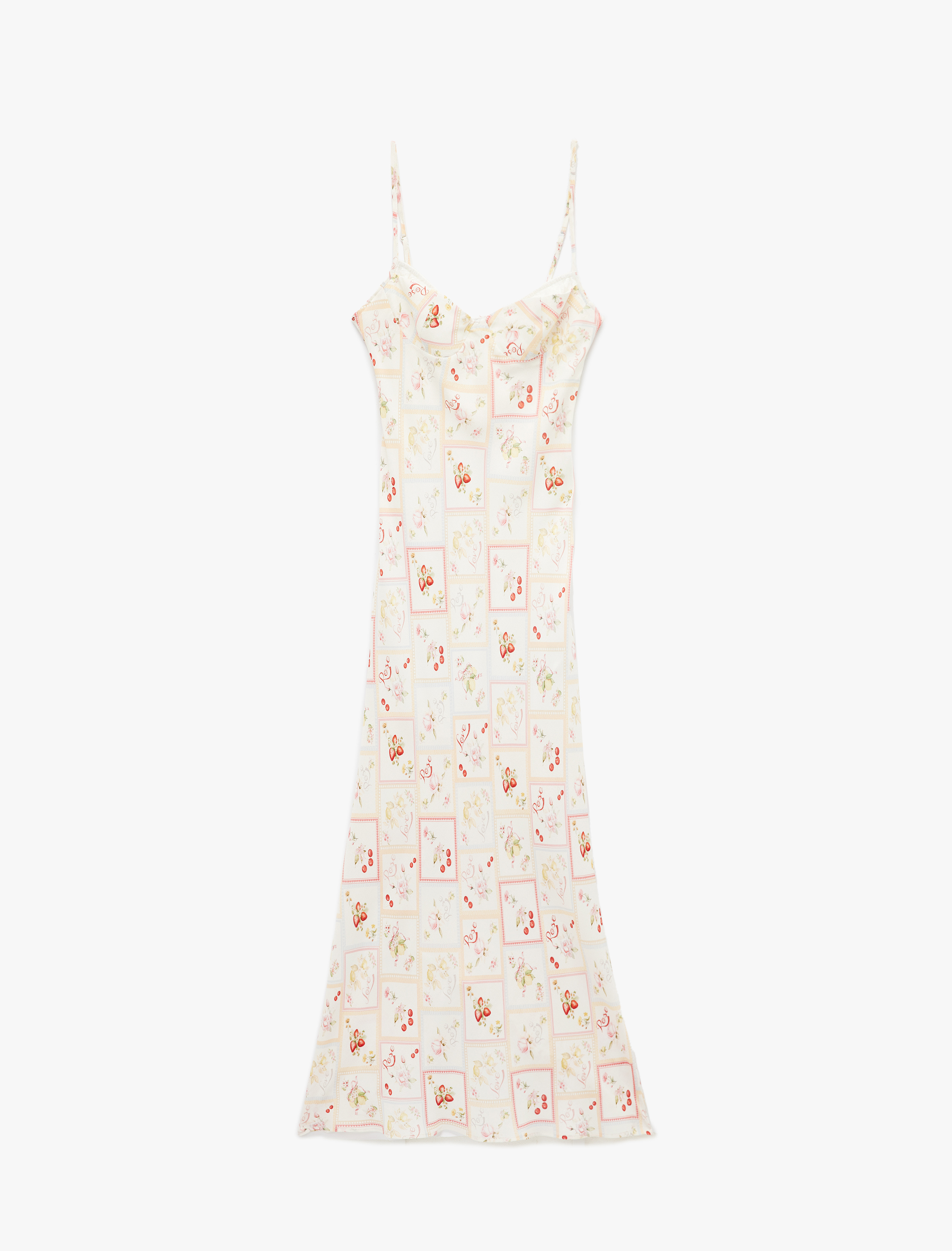   Koton X Sibil Çetinkaya - Viskon Kumaş Astarlı Meyve Baskılı Kalp Yaka İnce Askılı Uzun Elbise