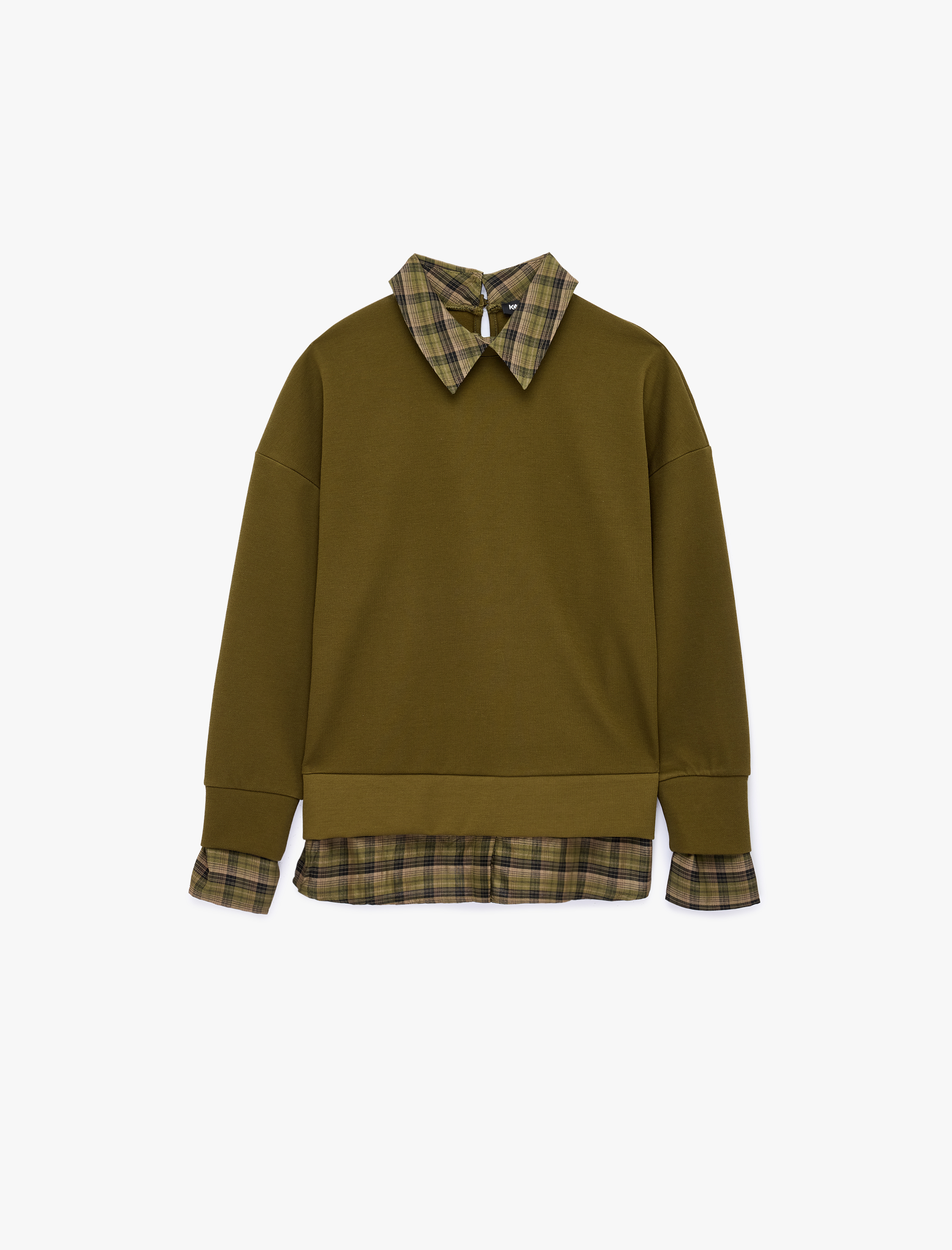   İki Farklı Kumaş Kullanımlı Kombine Uzun Kollu Ekose Gömlek Yaka Sweatshirt