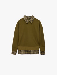 İki Farklı Kumaş Kullanımlı Kombine Uzun Kollu Ekose Gömlek Yaka Sweatshirt