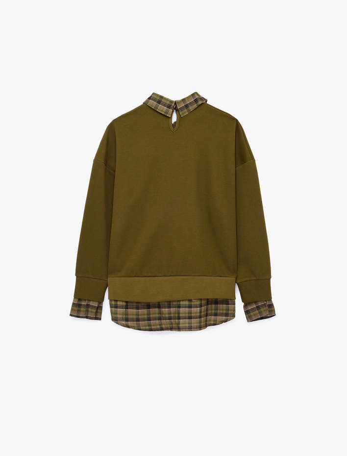  İki Farklı Kumaş Kullanımlı Kombine Uzun Kollu Ekose Gömlek Yaka Sweatshirt