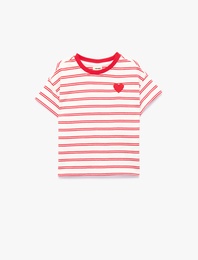 Pamuklu Kısa Kollu Bisiklet Yaka Nakış Detaylı Çizgili Tişört