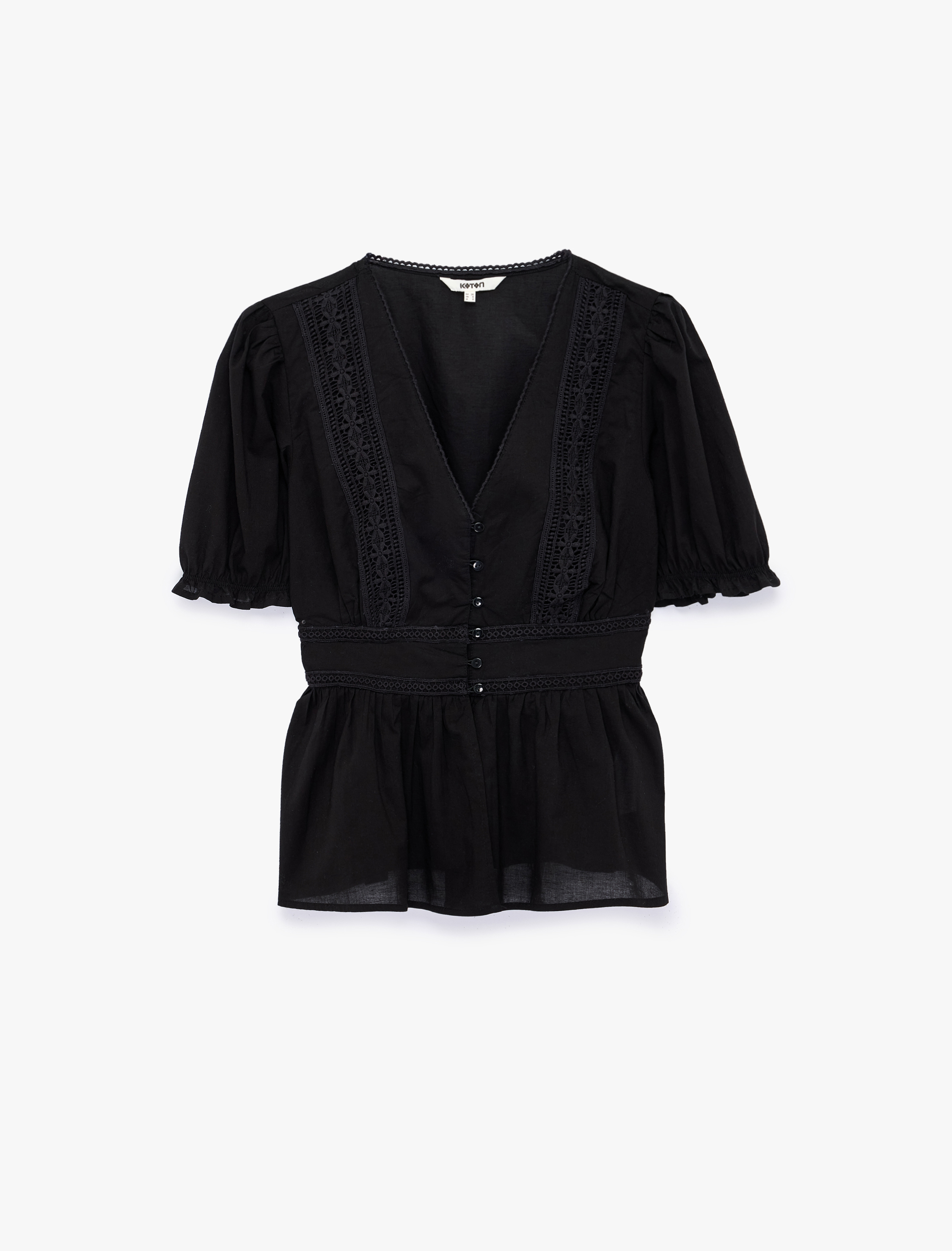   Pamuklu Slim Fit V Yaka Dantelli Kısa Balon Kollu Bluz