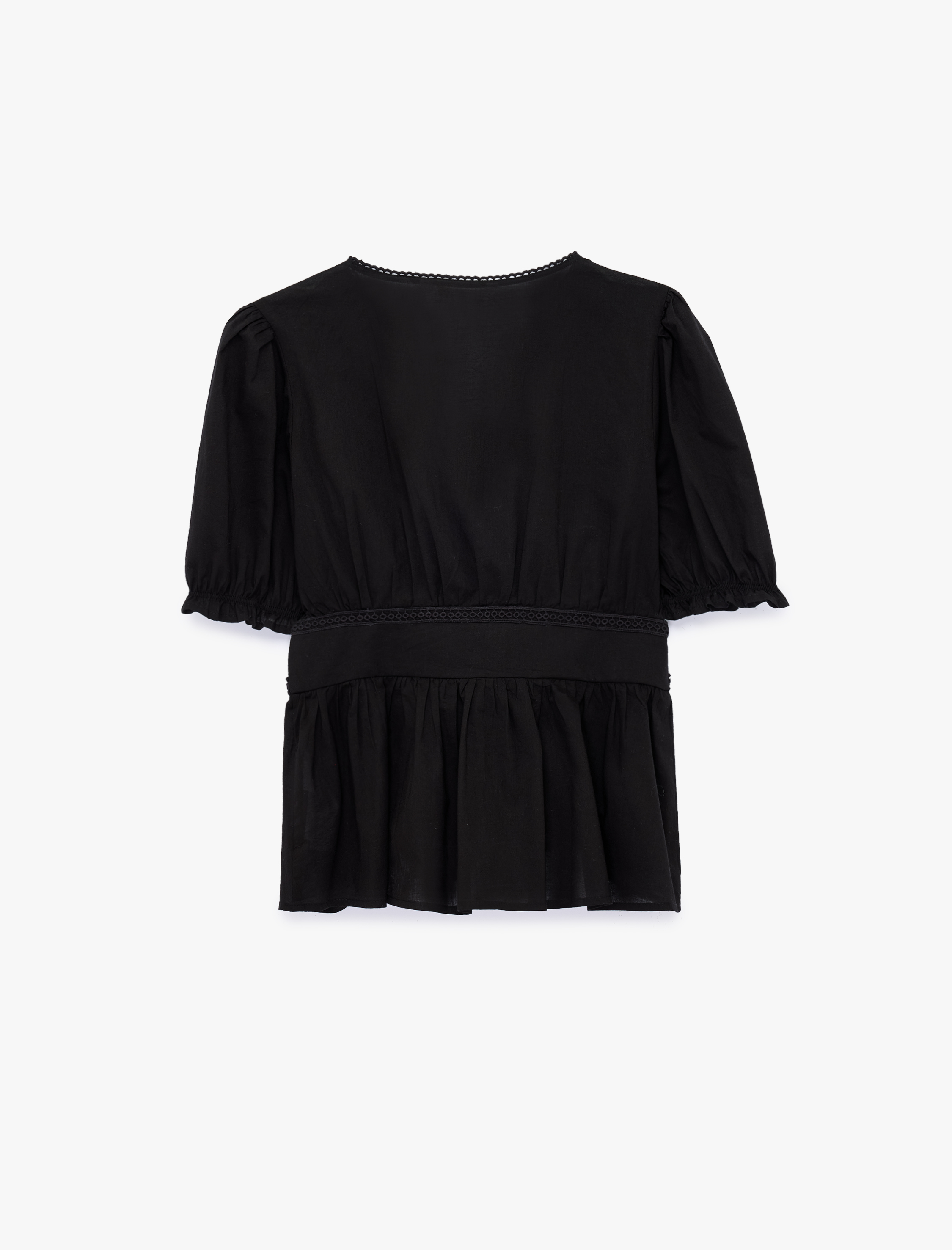   Pamuklu Slim Fit V Yaka Dantelli Kısa Balon Kollu Bluz