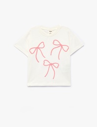 Nakış Detaylı Bisiklet Yaka Kısa Kollu Pamuklu Tişört